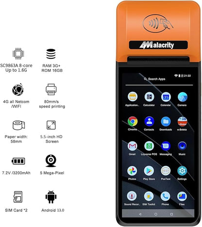 Alacrity Mobile POS PDA Terminal, Android 13 SoftPay,1D 2D Scan Module, 58mm Thermal Printer, 5.5" Touch Screen, 4G WiFi Bluetooth, Ideal for Retail, Hospitality, Logistics, Field services, Healthcare