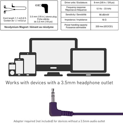 Panasonic ErgoFit Wired Earbuds, 3.5mm Jack in-Ear Headphones with Dynamic Crystal-Clear Sound and Soft Ergonomic Custom-Fit Earpieces (S/M/L), for Phones and Laptops - RP-HJE120-VA (Metallic Purple)