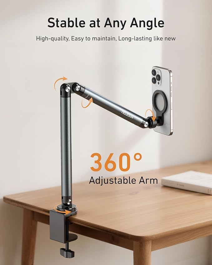 TELESIN Magnetic Phone Holder For Desk and Bed - Strong Magnetic - Tablet Stand Holder With Long Arm - 360° Freely Adjustable Rotation Base - Upgraded Silicone Clamp for IPhone, Android & IPad Series