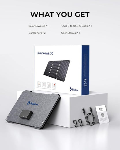[Upgraded] BigBlue 30W Solar Panel Charger with Fast Charging USB-A and USB-C, DC Ports, SolarPowa 30 Portable Solar Panel, IP68 Waterproof, Compatible with iPhone, Samsung, iPad, Small Power Station