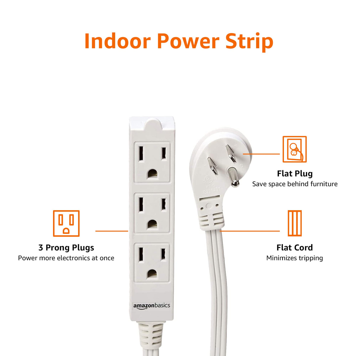 Amazon Basics 3-Prong Indoor Rectangle Extension Cord Power Strip, Flat Plug, Space-Saving, Grounded, 13 Amps, 1625 Watts, 125 VAC, 6 ft, White, 2-Pack