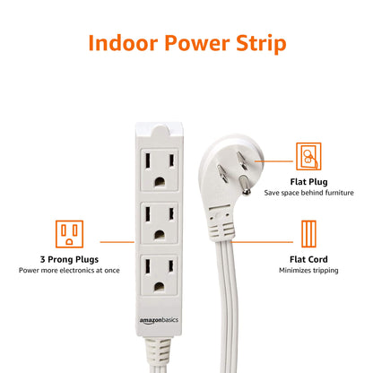 Amazon Basics 3-Prong Indoor Rectangle Extension Cord Power Strip, Flat Plug, Space-Saving, Grounded, 13 Amps, 1625 Watts, 125 VAC, 6 ft, White, 2-Pack