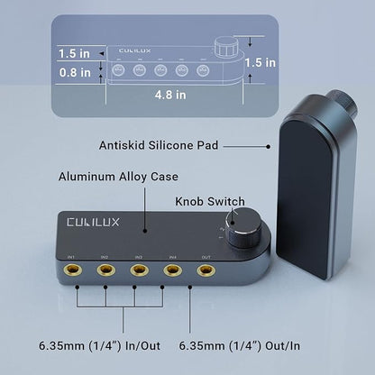 Cubilux Bidirectional 4-Channel 6.35mm Audio Selector, 1x TRS to 4X TRS Stereo 4-Port 1/4” Quarter Inch AUX Switch Box for Speaker, Headphones, Subwoofer, Home Audio System, Mixer, Amplifier