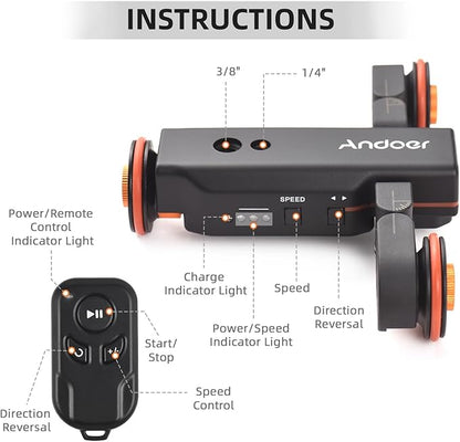 Andoer Video Camera Dolly with Ballhead & Phone Holder, 3-Speed Motorized Auto Track Dolly Car with Remote Control - Compatible with iPhone, DSLR, Camcorder, Gopro, Insta, Android Smartphone