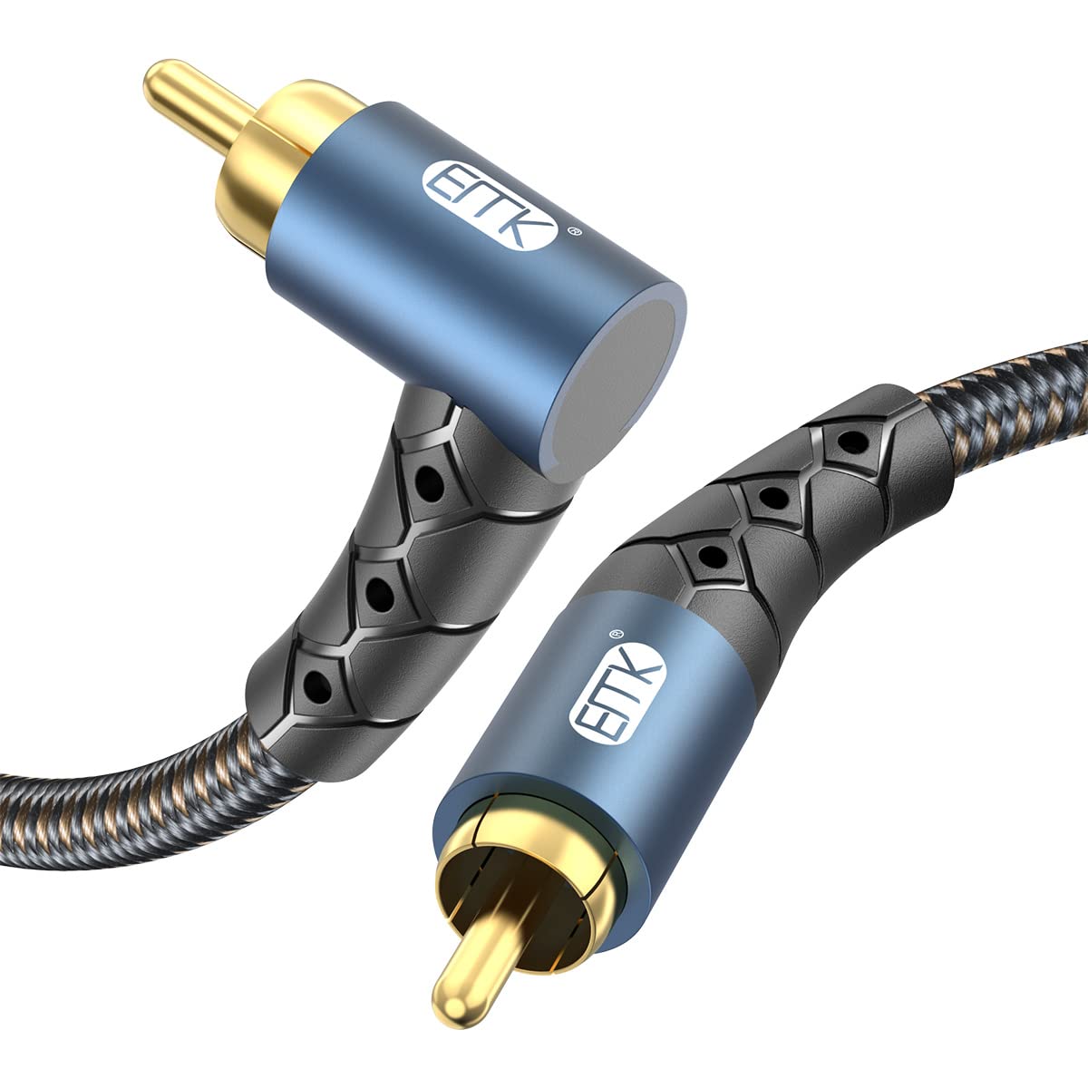 EMK RCA Subwoofer Cable 90 Degree RCA to RCA Audio Cable 24K Gold-Plated Nylon Braided Double Shielded Digital Analogue Supports Amplifiers,Home Theater,Hi-Fi Systems,Subwoofer(30ft/10m)
