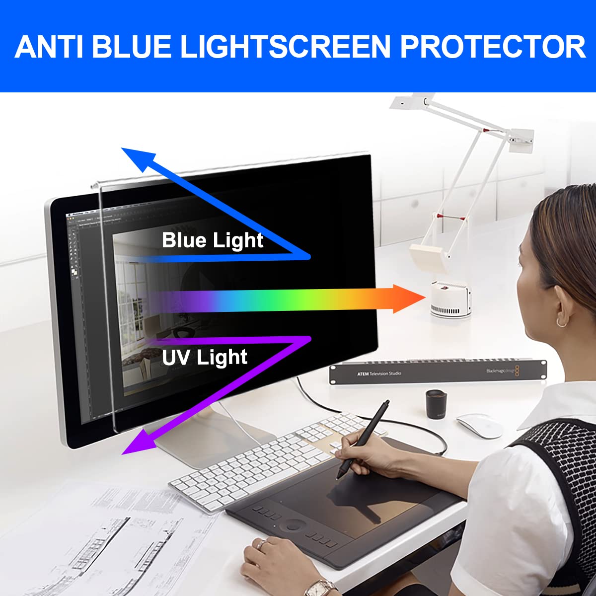 GUDTEKE Computer Privacy Screen Filter 22 Hanging Monitor Privacy Screen Protector for 16:10 Aspect Ratio Widescreen Computer Monitor, Eye Protection Anti Glare Blue Light Screen Protector