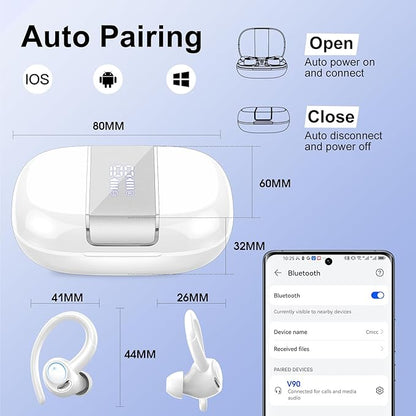 Wireless Earbuds Bluetooth 5.3 Headphones Sports, 48Hrs Playtime Bluetooth Earbuds with CVC 8.0 Mic, 2025 Stereo Bass Over Ear Bud with Earhooks, LED Display, IP7 Waterproof Earphon for Running White