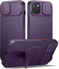 SURITCH for iPhone 14 Plus/15 Plus Case with Magnetic Camera Slide Cover and Adjustable Kickstand, Compatible with MagSafe, Shockproof Bumper Case Slim Protective Cover 6.7 Inch, Dark Purple