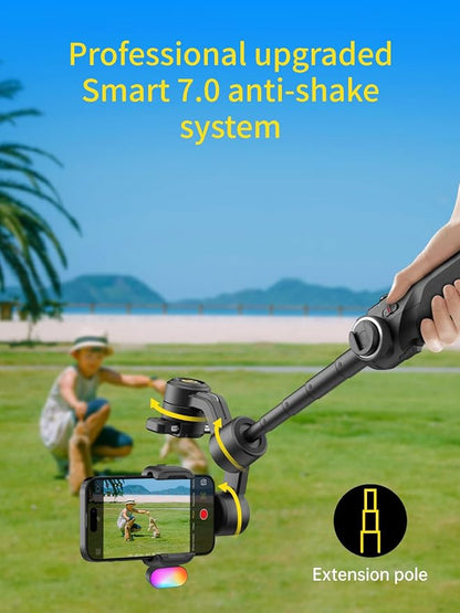 Gimbal Stabilizer for Smartphone, Phone Gimbal w/8" Extension Rod, Profession 3-Axis Stabilizer w/RGB Magnetic Fill Light for Video Recording, Compatible w/iPhone/Andriod-Smart S2 Kit