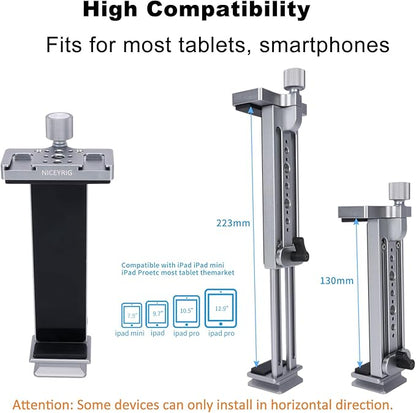 NICEYRIG Tablet Tripod Mount Aluminum Holder for iPad mini 8.3'' 7.9'', iPad Air, iPad Pro, 130mm - 223mm Adjustable Mounting Clamp with Double Locking Points, Quick Release Plate for Arca-style - 616