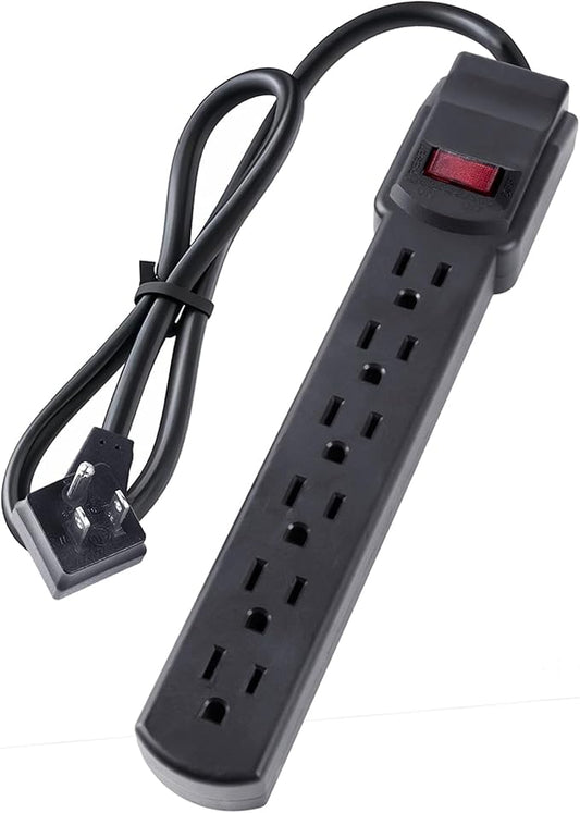 PowerEnvy 6-Outlet Surge Protector – 250 Joules, 6ft Cord, 15A/125V, 1875W Max – Right Angle Plug, Black – Home, Office, & Electronics Protection