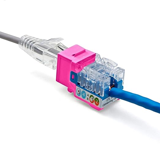 trueCABLE Cat5e Keystone Jack, Unshielded (UTP), 90 Degree Punch-Down, PoE++ (4PPoE) 100W, UL Listed, ETL Verified, ANSI/TIA Certified, Modular RJ45 Female, Pink, 24 Pack