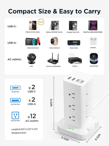 Surge Protector Power Strip, 6FT Flat Plug Extension Cord with 12 AC Outlets, 4 USB Charger(2 USB C Port), 1200 Joules Overload Protection, Desk Charging Station for Home Office, Dorm Room Essentials