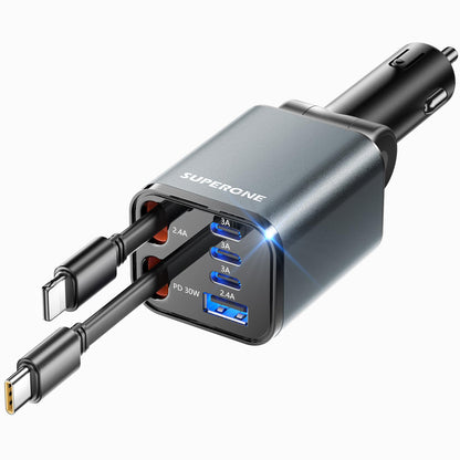[Upgraded] 6 in 1 Retractable Car Charger with USB-C & Apple Cables