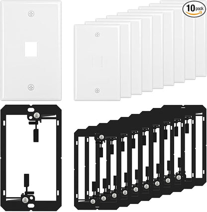FGB 1-Port Keystone Wall Plate, with Low Voltage Mounting Bracket, with Single Gang Decorator Wall for RJ45, HDMI, and Coax Keystone Inserts, White, 10-Pack