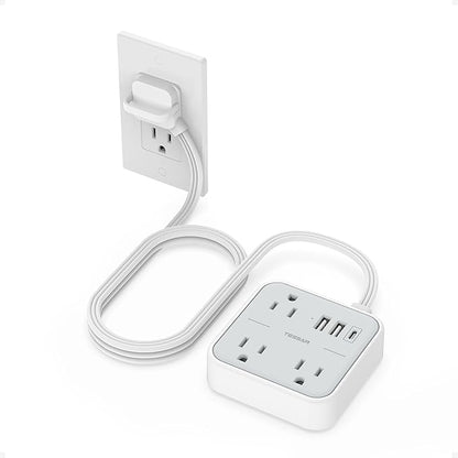 Cruise Essentials, TESSAN Flat Plug Travel Power Strip, Non Surge Protector for Cruise Ship, 3 Outlets 3 USB (1 USB C), 5 FT Extension Cord Small Power Strip with Ring Pull, Portable for Travel