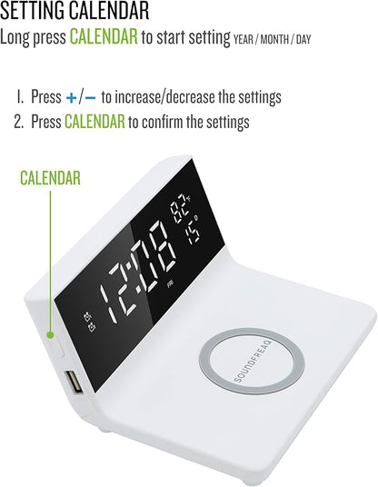 Soundfreaq Charge Rise II, SFQ-20: Digital Alarm Clock, with Dual Alarms, Fast USB Charger and Wireless Charger
