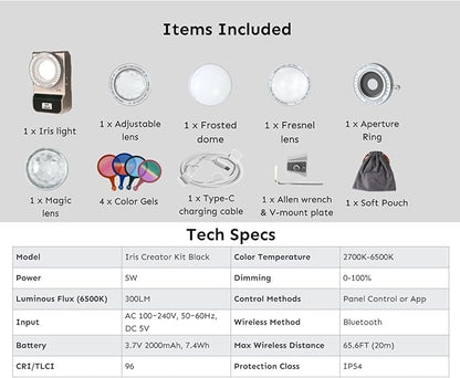 Harlowe Iris Content Creator Lighting Kit 5W Bi-Color Portable LED Light for Photography and Video Recording, 2700K-6500K CRI/TLCI 96+, IP54, App Control on Camera Light Creator Kit, Black