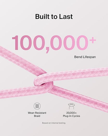 Belkin USB C to USB C Cable, 6.6ft, 60W - Type C Charger, iPhone Charger Cord, Soft, Braided, Flexible for iPhone 16, Galaxy S25, Pixel 9, Airpods, iPad Pro, Tablet & More, Travel Essentials - Pink