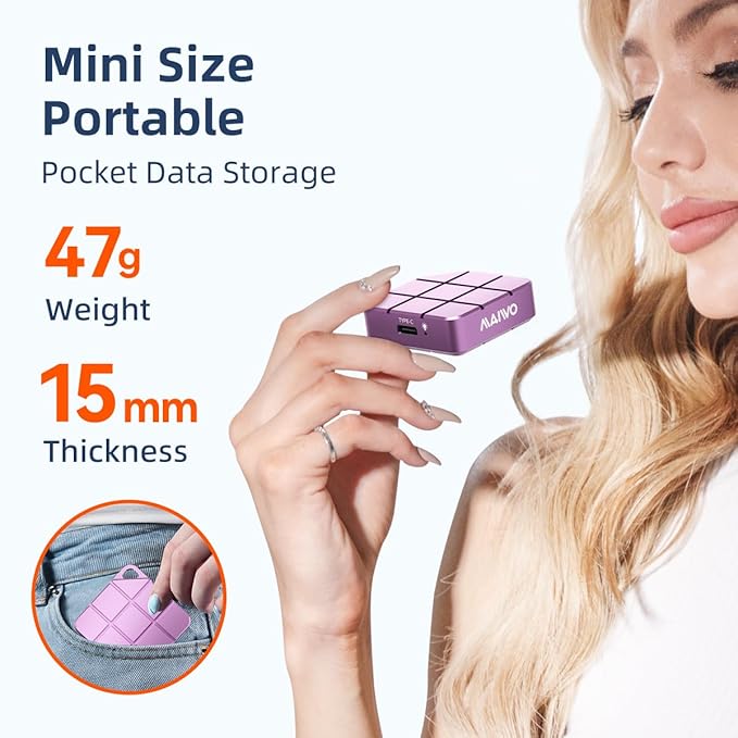 MAIWO 1TB Portable External Solid State Drive Build-in M.2 2230 PCIe NVMe SSD, USB C 3.2 Up to 1050MB/s, Mini Cute PSSD for iPhone 15 16 Pro Max MacBook Pro Air, Aluminum (Pinkish Purple)
