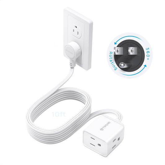 TROND 360 Rotating Flat Plug Extension Cord, 3 AC, 10ft, ETL Listed, White