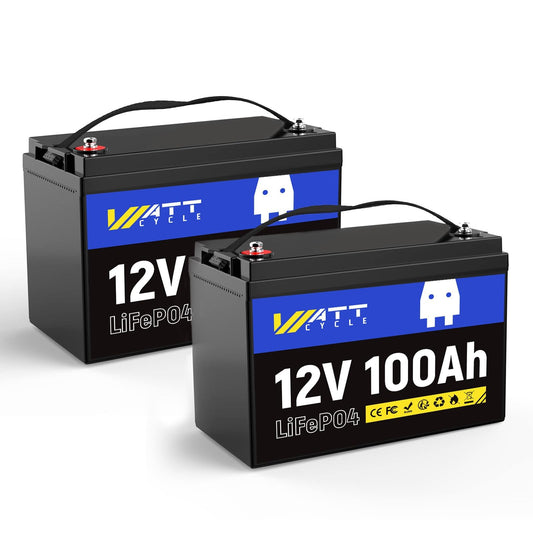 WattCycle 2X 12V 100Ah LiFePO4 Lithium Battery - Group 24, 15000+ Deep Cycles, Built-in 100A BMS, Low-Temp Tech for RV, Solar, Marine, Trolling Motor, Home Energy Storage (2 Pack)