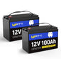 WattCycle 2X 12V 100Ah LiFePO4 Lithium Battery - Group 24, 15000+ Deep Cycles, Built-in 100A BMS, Low-Temp Tech for RV, Solar, Marine, Trolling Motor, Home Energy Storage (2 Pack)