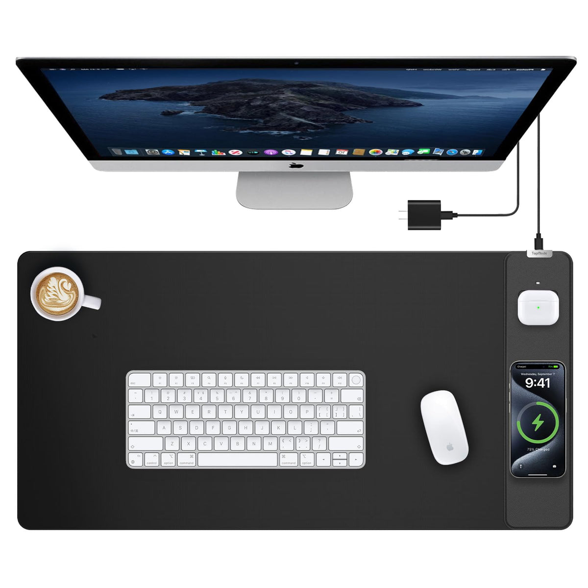 TopMade Mouse Pad with 15W Wireless Charging, Classic Black Desk Mat