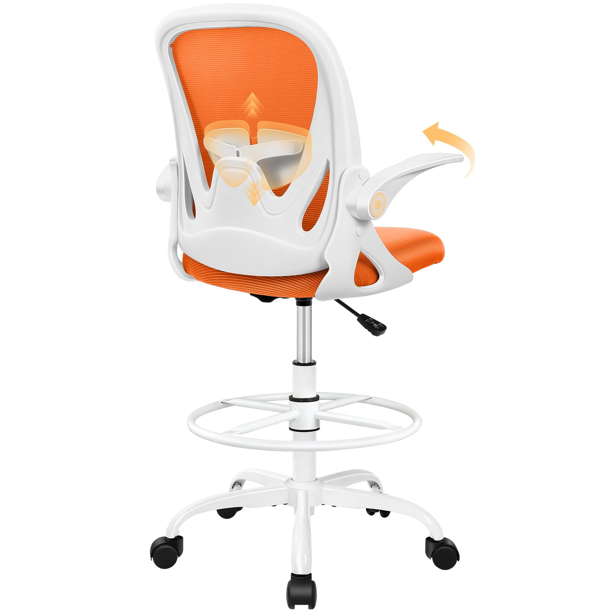 Drafting Chair Tall Office Chair with Flip-up Armrests, Adjustable Height, and Enhanced Lumbar Support - Ergonomic Rolling Stool, Back Support, and Adjustable Foot Rest Ring Light Blue