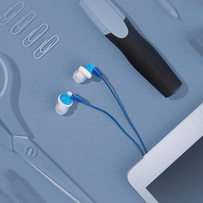 Panasonic ErgoFit Wired Earbuds, In-Ear Headphones with Dynamic Crystal-Clear Sound and Ergonomic Custom-Fit Earpieces (S/M/L), 3.5mm Jack for Phones and Laptops, No Mic - RP-HJE120-A (Blue)