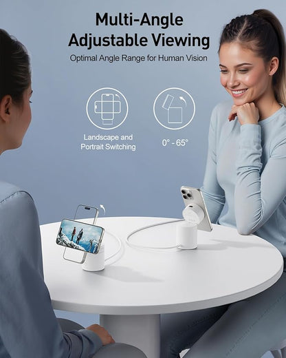iWALK 3 in 1 Wireless Charging Stand with Auto Rotation, Charging Station with Magnet for Apple Devices, 15W Foldable Wireless Charger Station for iPhone 16 15 14 13 12 & Apple Watch & Airpods, White