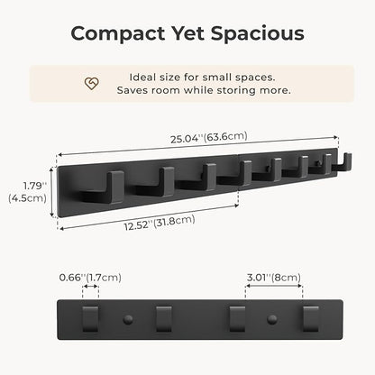 Black Wall Mounted Coat Rack- 2 Modular Rails (25'' Total), 8 Right-Angle Hooks, Modern Organizer for Entryway, Bathroom, Bedroom, Holds Coats, Towels, Hats
