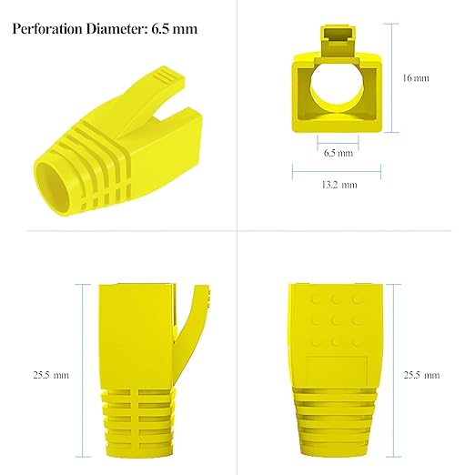JODROAD 100Pack RJ45 Boot Cover, Cat5 Cat6 Cat6A Ethernet Network Cable Strain Relief Boot, Fits Overall Jacket Diameter 5.5-6.5MM Ethernet Cable (Hole Diameter: 6.5mm, Yellow)