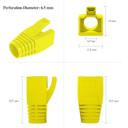 JODROAD 100Pack RJ45 Boot Cover, Cat5 Cat6 Cat6A Ethernet Network Cable Strain Relief Boot, Fits Overall Jacket Diameter 5.5-6.5MM Ethernet Cable (Hole Diameter: 6.5mm, Yellow)