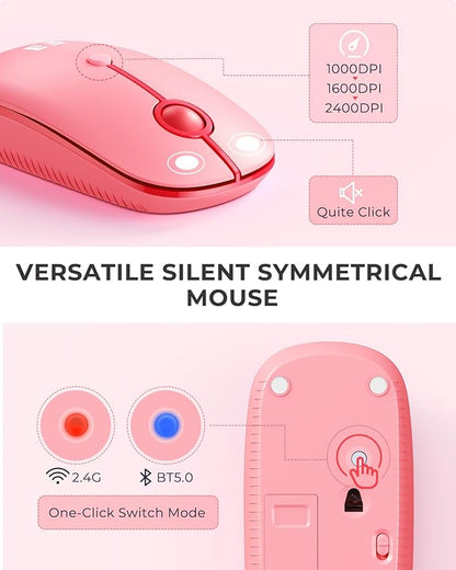 seenda Bluetooth Keyboard and Mouse for iPad, CTU-301 Multi-Device Bluetooth + 2.4G Wireless Keyboard Mouse with Tablet Holder for MacBook/Windows Computer, iOS/Andriod Tablet Phone, Coral Pink