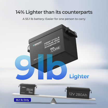 Renogy 12V 300Ah Mini Size LiFePO4 Lithium Battery, 200A BMS for Ultimate Safety, Deep Cycle w/Remote Monitoring Compatibility, Backup Power for RVs, Cabins, Marine, home storage - Core Series