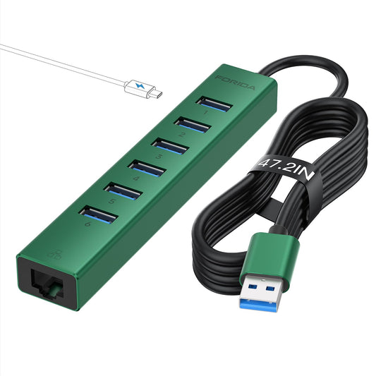 Aluminum USB 3.0 Adapter USB to Ethernet HUB with 120CM Long Cable for Laptop USB Extender with Gigabit Ethernet Port and 5V/3A Power Port 7 Ports USB Hub for iMac PC Flash Drives (Rose Gold)