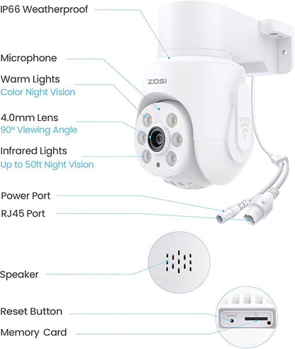 ZOSI 3K 5MP Plug-in Wired WiFi Security Camera, Wi-Fi 6 New Technology, PT Wireless Camera with Auto Track, AI Person Detect, Color Night Vision, Smart Light & Siren Alert, 2-Way Audio, Local Storage