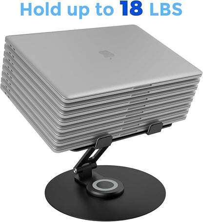 Swivel Laptop Stand for Desk, Adjustable Height Aluminum Computer Stand with 360 Rotating Base, Foldable Ergonomic Riser, Portable Laptop Holder Compatible with MacBook, All Laptops 10-17'', Black