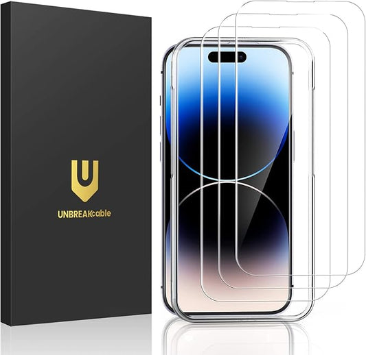 UNBREAKcable 3-Pack Screen Protector for iPhone 14 Pro, Double Shatterproof Tempered Glass [Easy Installation Frame] [9H Hardness] [99.99% HD Clear] [Case Friendly] for iPhone 14 Pro 6.1 inch
