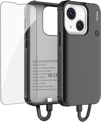 GIN FOXI Battery Case for iPhone 15/15 Pro, Built-in Cable 7000mAh Fast Charing Cases 15W Rechargeable Portable Extended Charger Case Cover for iPhone 15/15 Pro Charging Case, Black