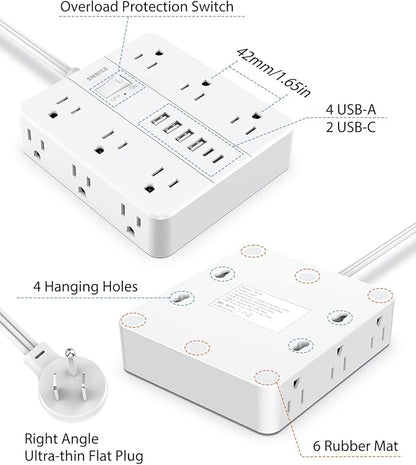 Power Strip Flat Plug with 12 Outlets 6 USB(2 USB C),SMNICE Surge Protector Charging Station with Overload Protection,5ft Extension Cord Widely Spaced Multiple Outlets for Home Office Dorm Essentials