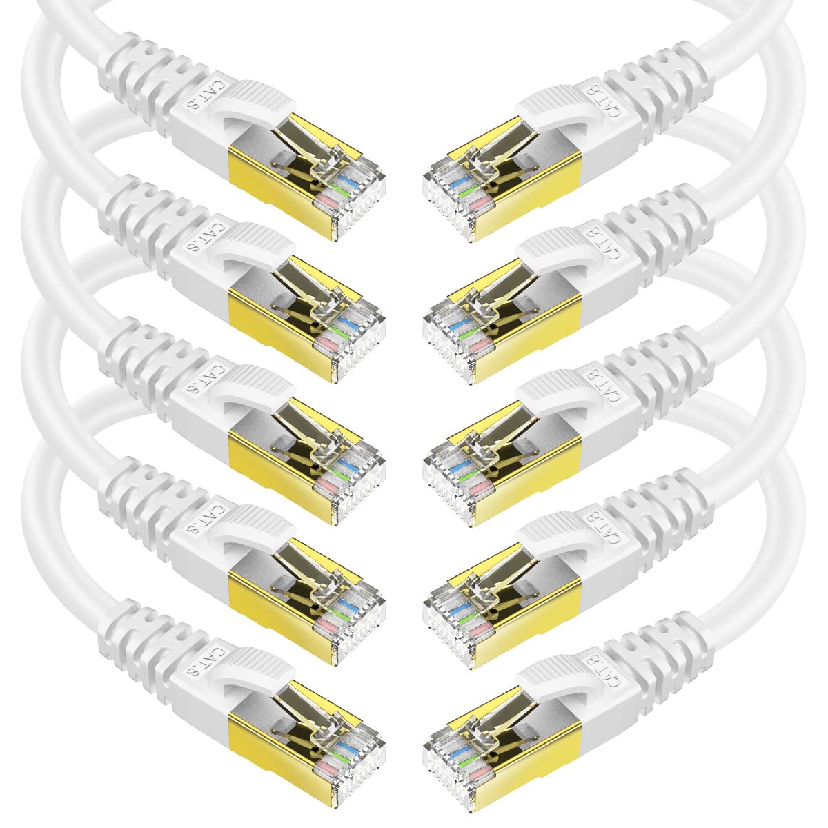 KASIMO CAT 8 Ethernet Cable Shielded SFTP Internet Network Patch Cord, Heavy Duty High Speed LAN Cables w Gold Plated RJ45 Connector Professional for Router, Modem, Gaming (5 Feet, 10 Pack White)