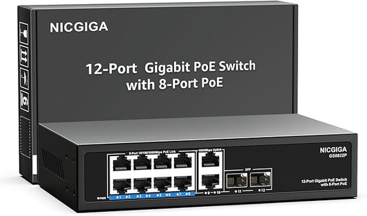 12 Port Gigabit PoE Switch Unmanaged with 8 Port IEEE802.3af/at PoE+@120W, 2 x 1000Mbps Uplink + 2 x 1G SFP, NICGIGA 8 Port Network Power Over Ethernet Switch.