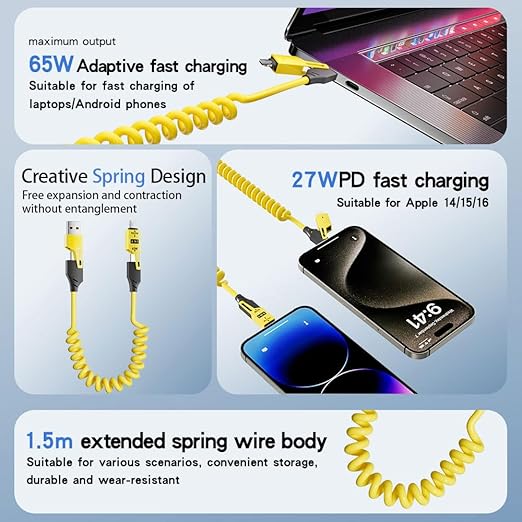 4 in 1 Spring Fast Charging Cable (2Pack), 65W USB-C PD Multi Fast Charging, 1.2m/4ft Coiled Retractable Cable for iPhone Samsung Laptop - Yellow+Green