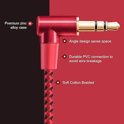 CableCreation Audio Cable, 3FT 3.5mm Right Angle Male to Male Auxiliary Jack HiFi Cable with Silver-Plating Copper Core,24KGold Plated, Red