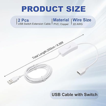 MECCANIXITY USB Extension Cable with ON/Off Toggle Switch 2m USB Male to Female Extension Cord for Desk Lamp Fan LED Light Strip White Pack of 2
