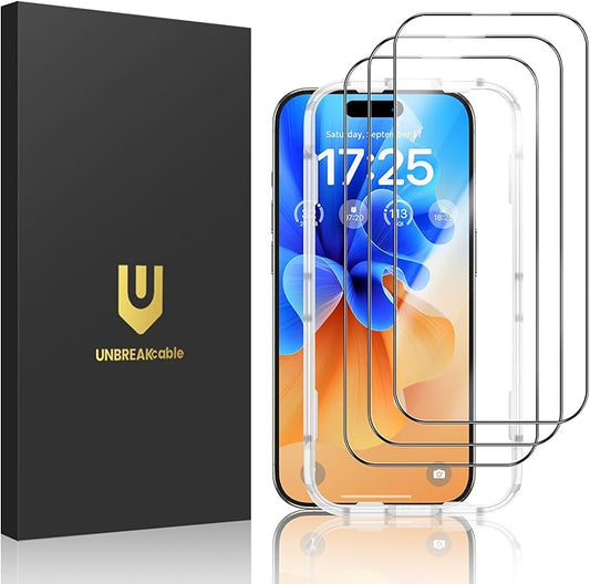 UNBREAKcable 3-Pack Screen Protector for iPhone 15 Pro, Double Shatterproof Tempered Glass [Easy Installation Frame] [9H Hardness] [Full Coverage] [HD Clear] for iPhone 15Pro 6.1 inch