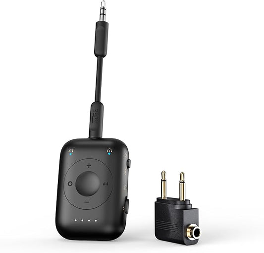 MEE audio Connect Air Pro Bluetooth Wireless Audio Transmitter & Receiver for AirPods or Bluetooth Headphones, 2-in-1 Adapter with Detachable Cable 3.5mm Aux Audio Jack for Airplanes, Auto, Gym, Black