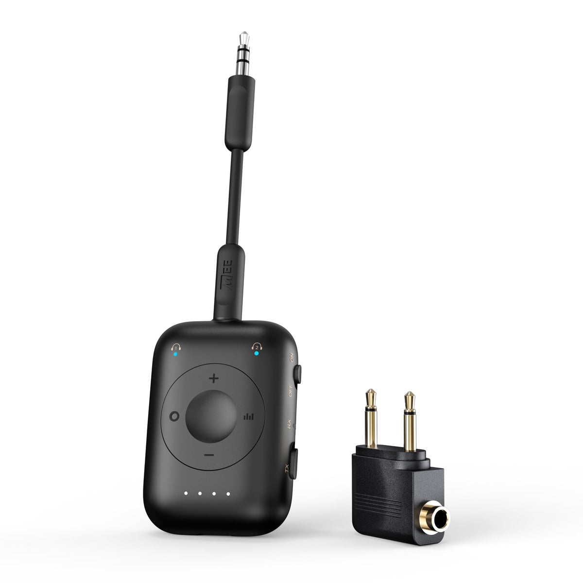 MEE audio Connect Air Pro (2 PACK) Bluetooth Wireless Audio Transmitter & Receiver for AirPods or Bluetooth Headphones, 2-in-1 Adapter with Detachable Cable for 3.5mm devices on Airplanes, Black&White